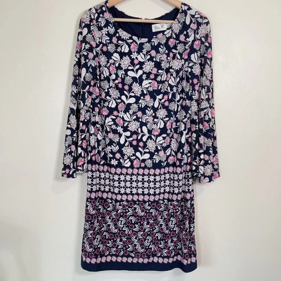 Eliza J Boat Neck Bell Sleeve Floral Navy Shift Dress - Picture 5 of 12